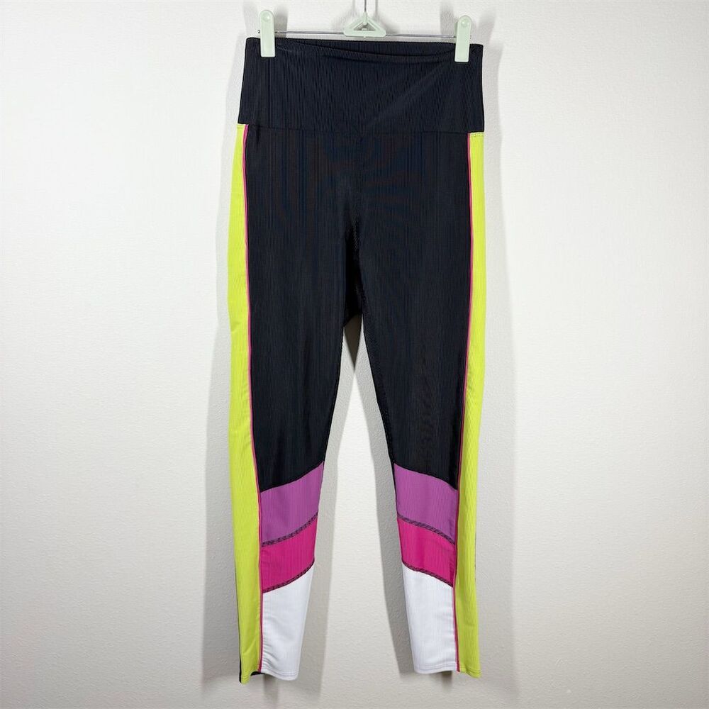 Beach Riot Bailey Colorblock Leggings Size L Black Multi Neon Ribbed High Rise